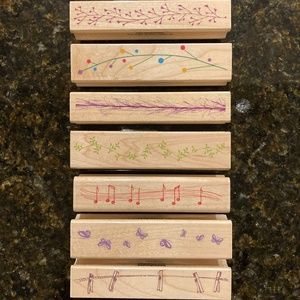 7 RUBBER STAMPS 🌸Wood Mounted Ink Pad Stamps Borders Music Butterflies Flowers